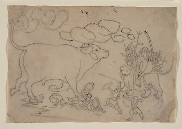 Durga Confronts the Buffalo Demon Mahisha: Scene from the Devi Mahatmya, by Nainsukh