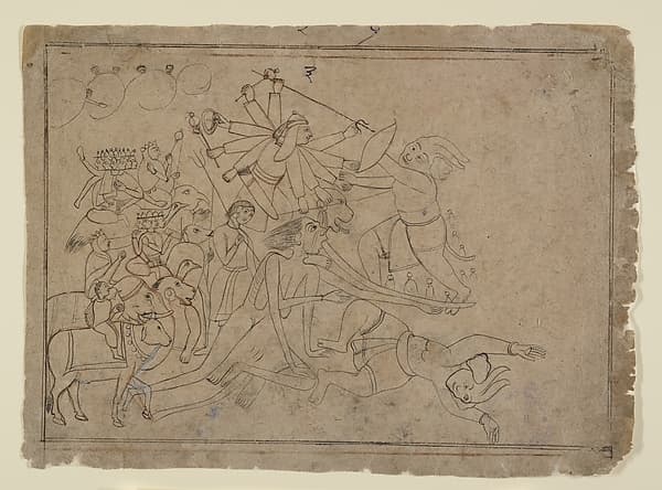 Durga, Kali, and the Matrikas Battle the Demon Raktabija: Scene from the Devi Mahatmya, by Nainsukh