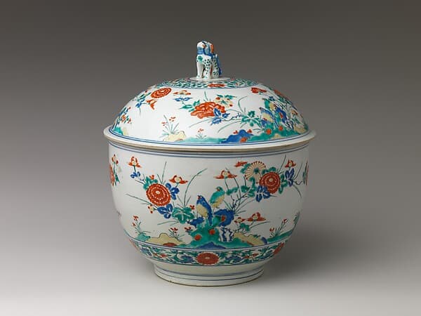 Tureen with rocks, flowers, and birds