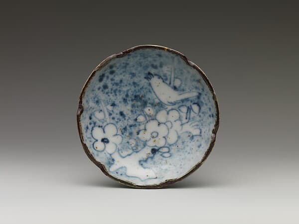 Set of Five Small Dishes (Kozara) with Flowering Plum and Warbler