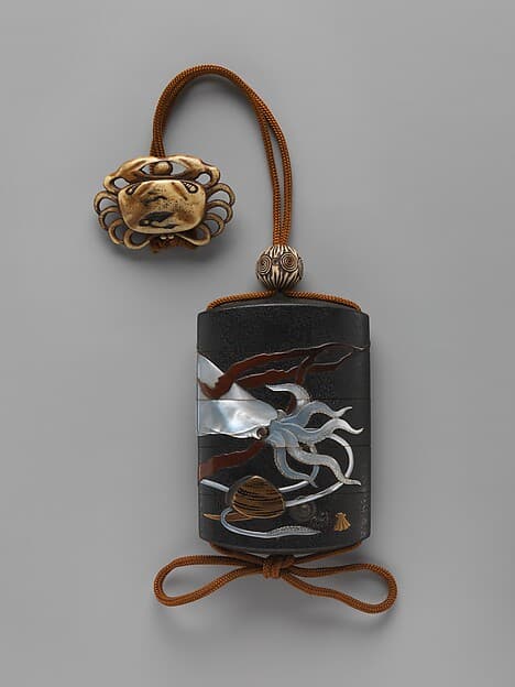 Case (Inrō) with Design of Squid, Shells and Seaweed, by Hara Yōyūsai