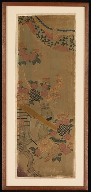 Piece from a Robe (Kosode) with Cherry Blossoms and Monkeys with Palanquin