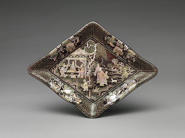 Lozenge-Shaped Dish with Garden Scene