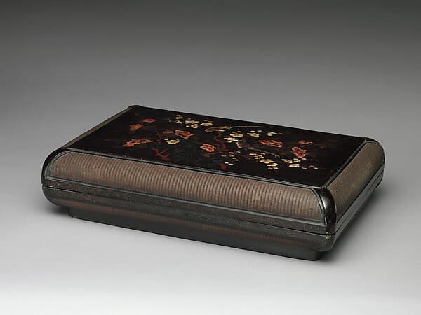 Box with gardenia, plum blossoms, and finches