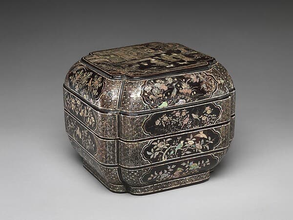 Tiered box with figural scenes, flowers, and birds