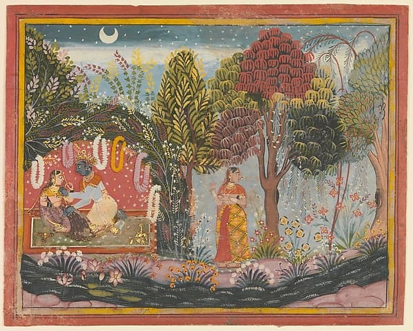 Krishna and Radha in a Bower: Page From a Dispersed Gita Govinda, by Sahibdin