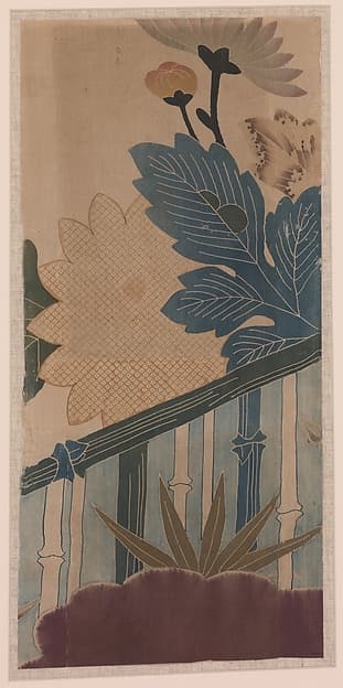 Two Pieces from a Robe (Kosode) with Chrysanthemums, Clouds, and Bamboo