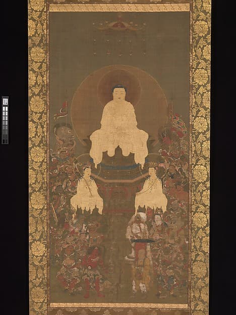 Shaka (Shakyamuni), the Historical Buddha, with Two Attendant Bodhisattvas and Sixteen Benevolent Deities, by Unidentified artist