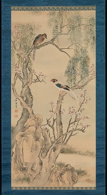 Birds in Willows and Blossoming Peach Tree, by Yosa Buson