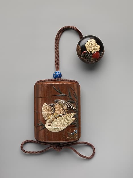 Case (Inrō) with Design of Heron in Flight and Flowering Plant (obverse); Hawk Attacking a Crane (reverse), by Ogawa Haritsu (Ritsuō)