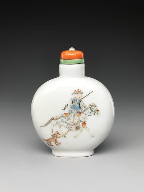 Snuff bottle with camel wrangler and Manchu horse rider