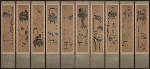 Still life with bronze vessels and flowering plants, by Jang Seung-eop (sobriquet: Owon)