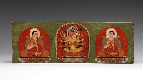Interior of a Manuscript Cover: Manjuvajra Embracing His Consort, with Attendant Lamas
