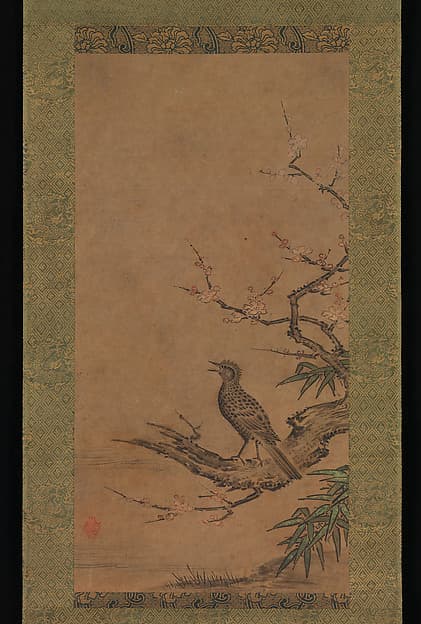 Brown-Eared Bulbul (Hiyodori) on a Branch of Plum, by Kano Shōei