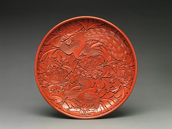 Dish with peafowls and peonies