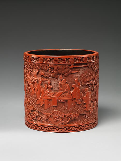 Brush holder with scholars in a garden