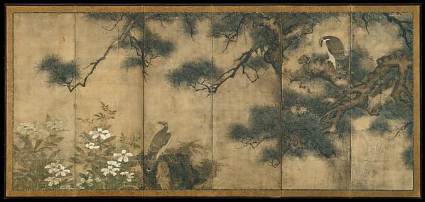 Hawks with Pine Trees and Camellias; Small Birds with Willows and Camellias, by Mitani Tōshuku
