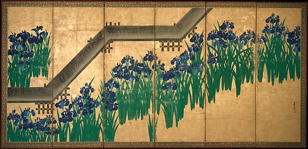 Irises at Yatsuhashi (Eight Bridges), by Ogata Kōrin