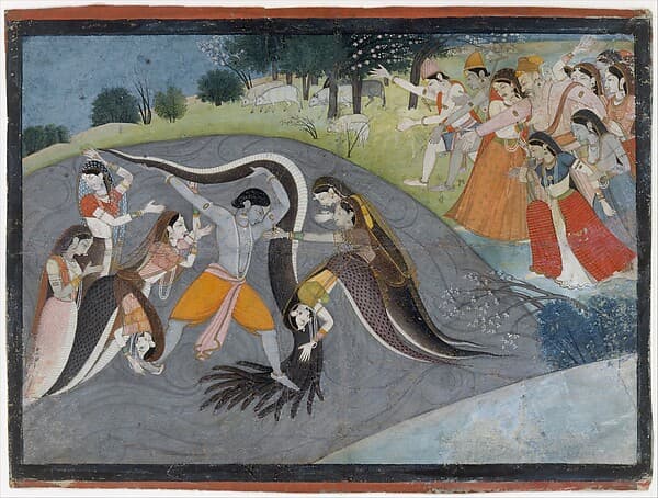 Krishna Subduing Kaliya, the Snake Demon: Folio from a Bhagavata Purana Series, by First generation after Manaku and Nainsukh