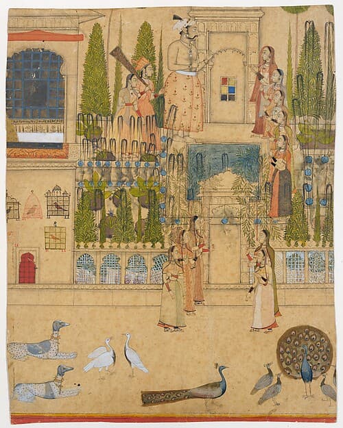 Maharana Amar Singh II with Ladies of the Zenana outside the Picture Hall at Rajnagar, by Stipple Master