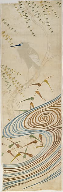 Piece from a Noh Costume (Nuihaku) with Egret (Sagi) and Willow Tree