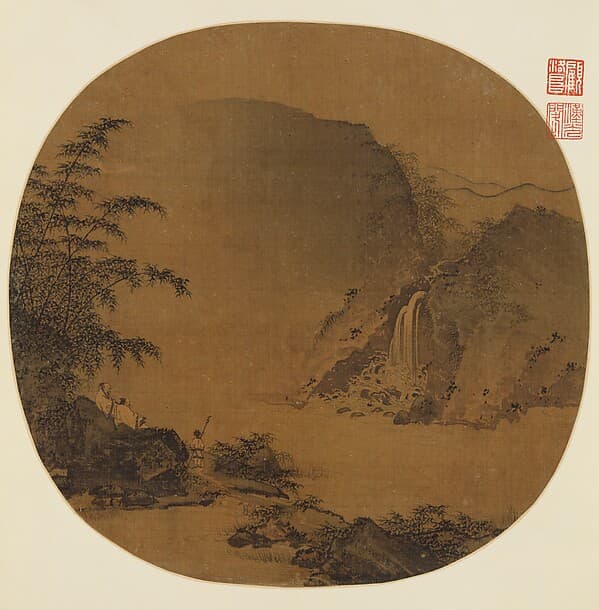 Gentlemen gazing at a waterfall, by Unidentified artist