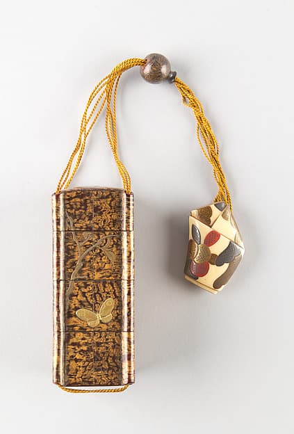 Case (Inrō) in the Shape of Tiered Picnic Box of Cherry Bark with Cherry Blossoms and Butterfly, by Kiyokawa