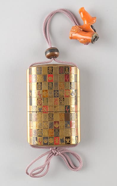 Inrō with the Characters for Longevity and Good Fortune and the “Seven Lucky Treasures” on Checkerboard Ground