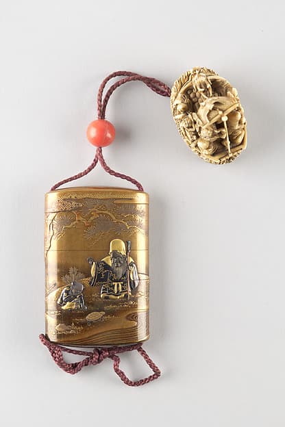 Case (Inrō) with Design of God of Longevity (Jurōjin) and a Small Boy with a Tortoise (obverse); Pine Tree by Stream (reverse), by Kakōsai