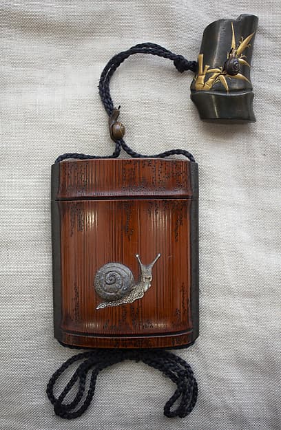 Inrō with Snail on Bamboo (obverse) and Poem (reverse), by Ganbun