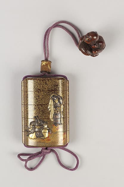 Case (Inrō) with Design of Seated Courtier Drinking Sake and a Young Woman with Maple Leaves, by Kajikawa Katsuhira