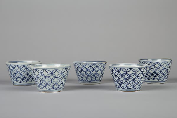 Set of Five Soba Cups (Soba choko) with Interlinked Circles (Shippō)