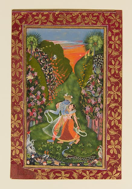 Radha and Krishna Walk in a Flowering Grove (recto); Krishna Fluting (verso), by the Kota Master