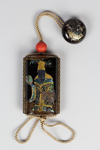 Inrō with God of Longevity (Jurōjin) and a Stag (obverse) and Long-Tailed Turtle (Minogame) under Bamboo (reverse), by Somada School Artist