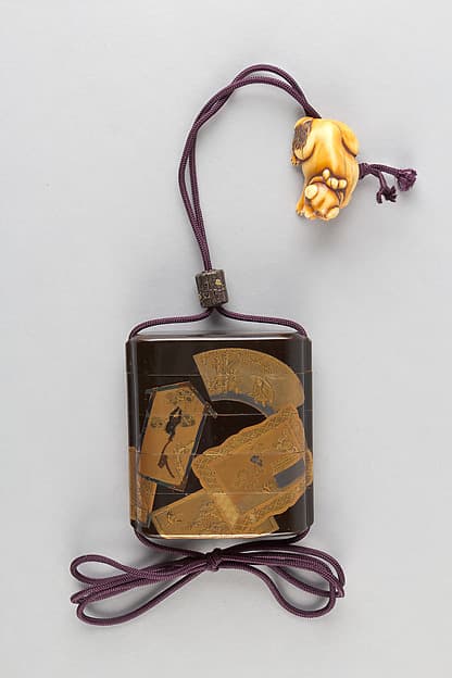 Inrō with Ema (Shinto Shrine Votive Plaque) of Eight Fan Shapes and Framed Pictures