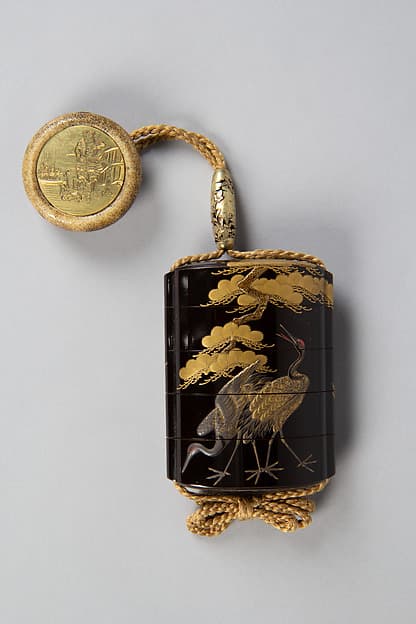 Case (Inrō) with Design of Cranes Standing Beneath a Gnarled Pine Tree and Netsuke Depicting Yoshitsune and Benkei, by Hogen Kosen