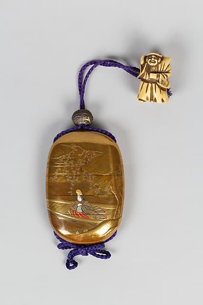 Case (Inrō) with Design of Court Lady in Boat with Drum (obverse); Geese Taking Flight (reverse), by Shibayama Shokasai