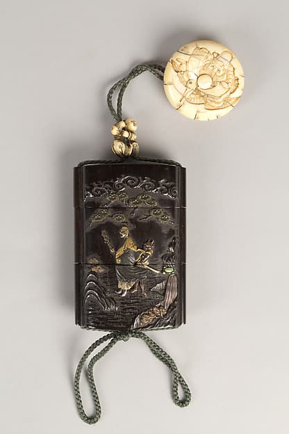 Case (Inrō) with Design of Ōni (Demon) Standing Behind Cloak of Arhat (obverse); Fly Whisk (Hossu) beneath Pine Tree (reverse), by Tokoku
