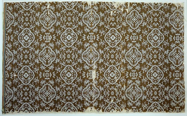 Textile fragment with peaches, plums, birds, bats and deer
