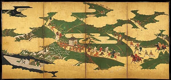 “An Imperial Excursion” (Miyuki), “A Boat Cast Adrift” (Ukifune), and “The Barrier Gate” (Sekiya), by Tosa Mitsuyoshi