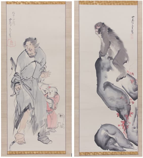 Monkey on a Rock; Monkey Trainer with Chinese Children and Puppy, by Nagasawa Rosetsu