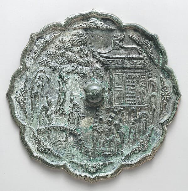 Mirror decorated with figures in a landscape