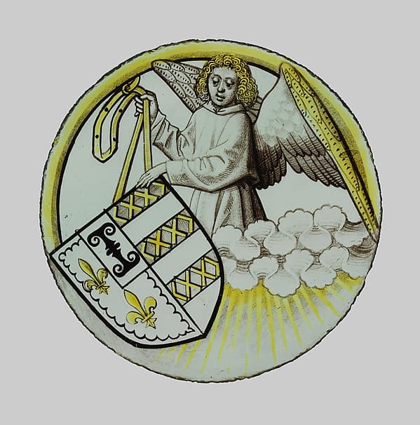 Roundel with Angel Supporting a Heraldic Shield