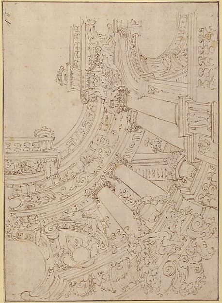 Foreshortened View of a Ceiling Corner Decorated with Columns, Urns and Putti Handing Garlands, by Agostino (Stanzani) Mitelli