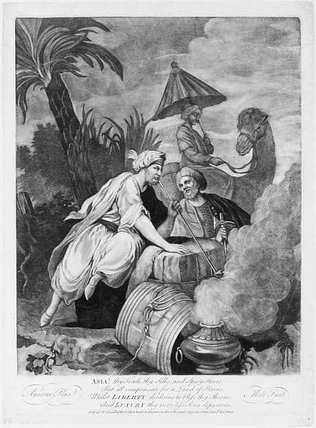 Asia! Thy trade, thy silks and spicy stores, But ill compensate for a Land of Slaves, Whilst Liberty disdains to bless thy Shores, And Luxury thy nerv'less sons depraves, by James Moore