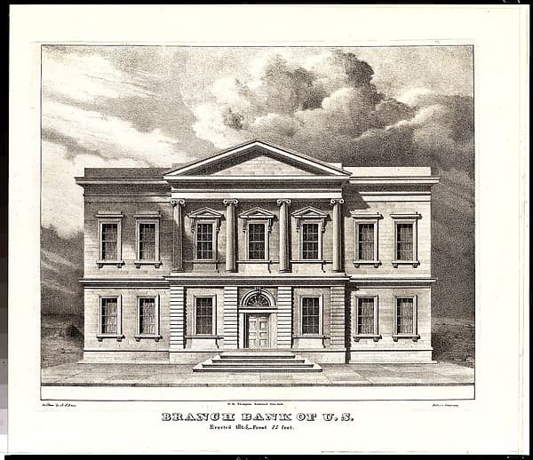 The Branch Bank of the United States, Wall Street, New York, Erected in 1825 (from Views of the Public Buildings in the City of New York Correctly Drawn on Stone by A. J. Davis, 1827), by Anthony Imbert