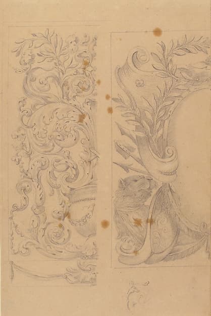 Left Part of the Drawing: Floral Ornaments; Right Part of the Drawing: Half Cartouche Decorated with Leaves, Arms and a Lion, by Agostino (Stanzani) Mitelli