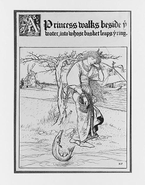 A Princess Walks Beside ye Water, into Whose Basket Leaps ye Ring, for "The Wonder Clock", by Howard Pyle