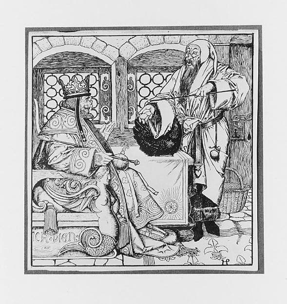 The Master of the Black Arts Bringeth a Curious Little Black Hen to the King, for "The Wonder Clock", by Howard Pyle