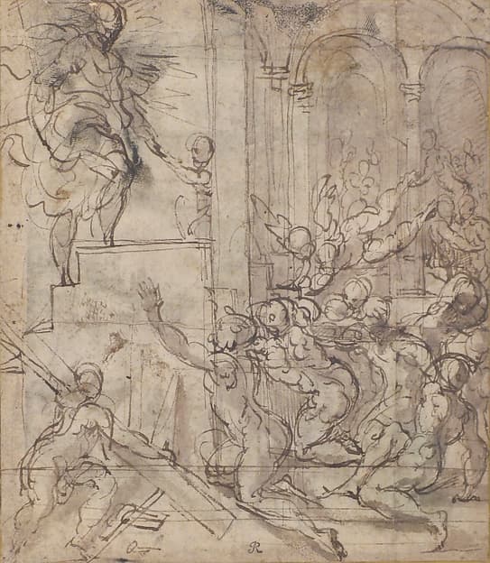 Apparition of Christ (recto); Printed Fragment with Jupiter Enthroned with Eagle, from Caraglio's "Martyrdom of Saint Peter and Saint Paul" (verso), by Parmigianino (Girolamo Francesco Maria Mazzola)